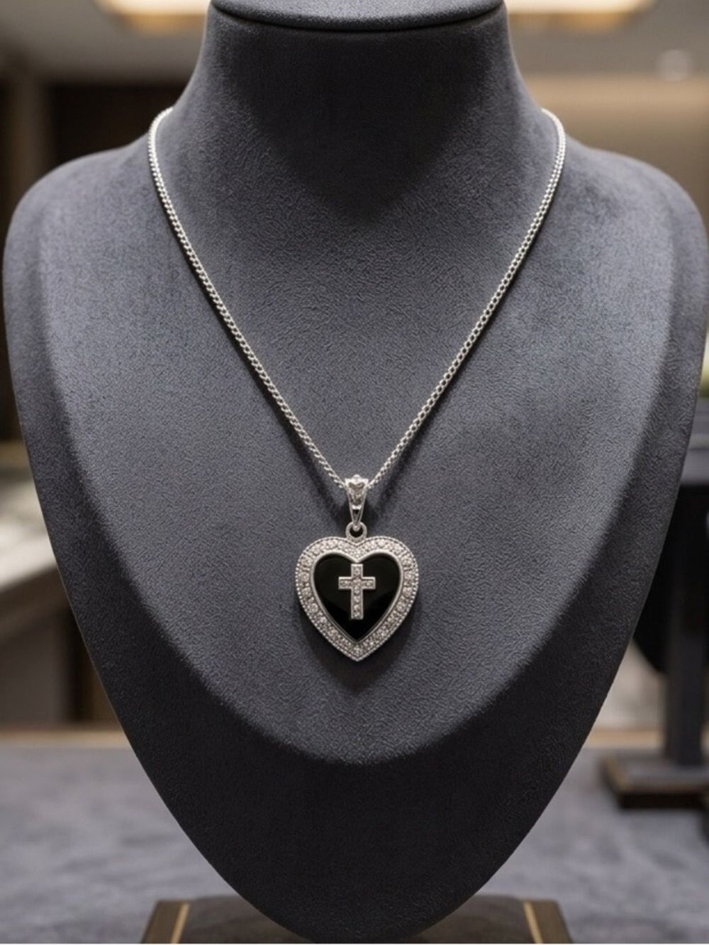 Ann Gale Vintage 925 Sterling Silver Marcasite Black Onyx Cross Heart Necklace
